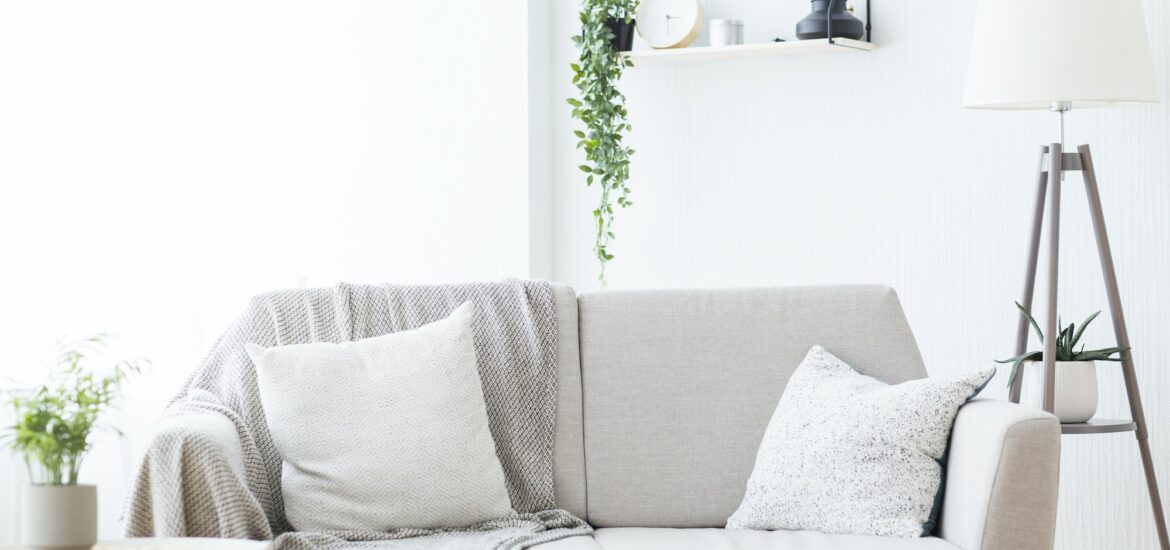 Modern light couch at living room interior, empty space